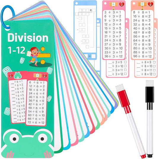 15Pcs Division Flash Cards, Division Chart 1-12 with 2 Dry Erase Pens 1 Rings, Time Table Flash Cards for 1st to 3rd Grades Fun Learning with Math Game