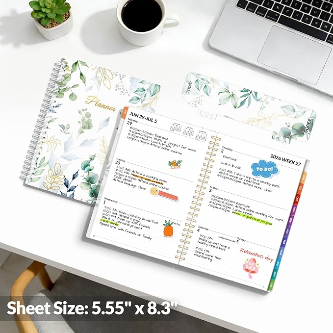 SUNEE Academic Planner 2026-2027 – Weekly & Monthly Planner, July 2026 to June 2027, 6.4"x8.3", Thick Paper, Tabs, Pockets, Bookmark, Spiral-Bound, Student Teacher Organizer, Greenery