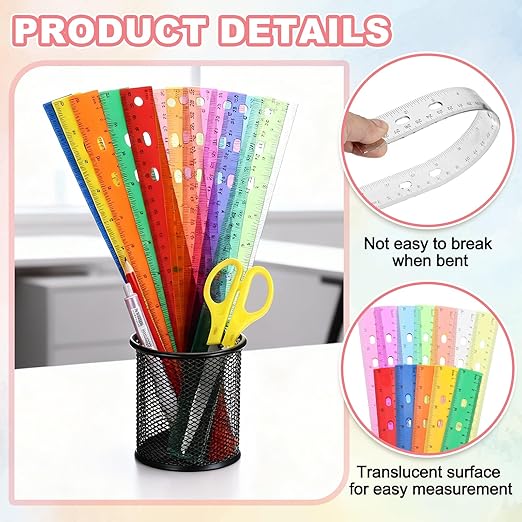 HARFINGTON 5pcs Plastic Rulers 12" (30cm) Clear Straight Ruler Measuring Tool Inches and Centimeters with Hole for Home Office Classrooms Drafting, Clear White