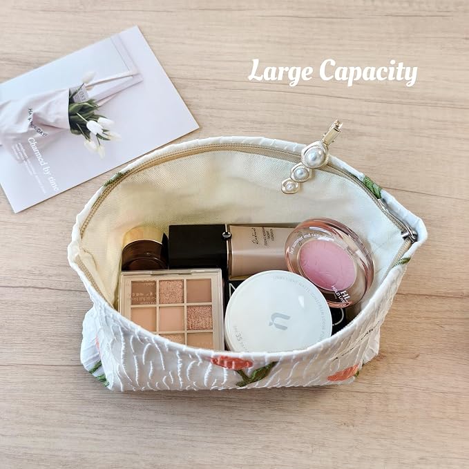 STARDW Cute Floral Makeup Bag Organizer Travel Cosmetic Pouch for Women | Aesthetic Cosmetic Bag with Zipper, Large Capacity Travel Toiletry Bag, Purse Organizer Pouches, Canvas Lining