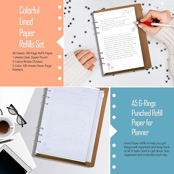 Rancco A5 Refill Line Paper, Colorful 6-Rings Binder Papers Refill, Filofax Notebook Inserts Refills Loose-leaf Binder Paper for Planner Journal Dairy, 90 Pages,Double-sided writing, 8.3x5.5", Memo