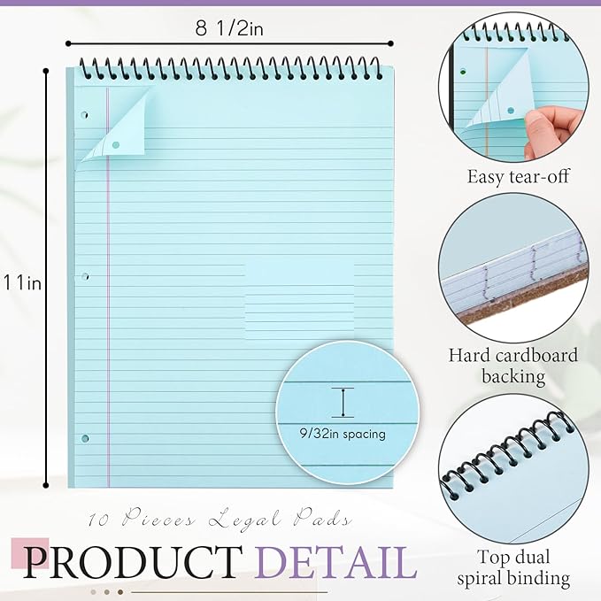 MotiMind 10 Pack 8.5" x 11" Top Spiral Notebook with 3 Hole Punched Legal Pads College Ruled Notepad 50 Sheets Hard Cardboard Paper Wirebound Notepad for Office School Business(Pink, Blue, Purple)