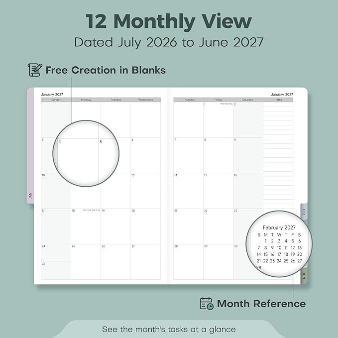 Planner 2026-2027 Monthly and Weekly Academic Planner July 2026 - June 2027, Linen Hardcover Agenda 2026-2027 Calendar Daily Planner for Student Teacher with Monthly Tabs, 6" x 8.3", Cream Green