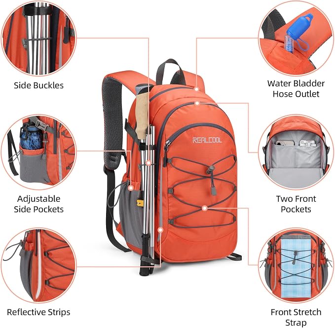 RealCool 30L Lightweight Hiking Backpack, Waterproof Daypack for Camping | 210D tear-resistant nylon, breathable shoulder and back panel, Multi-Compartment,hydration system,reflective strip,bungee net