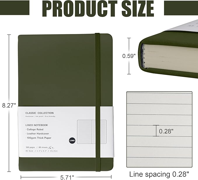 Lined Journal Notebook, 6Pack Hardcover Notebook for Men & Women – Journals for Writing, Work, School, Home & Daily Notes, 160 Pages – Medium A5, 5.7"x8", 100 gsm Thick Paper (Olive Green)
