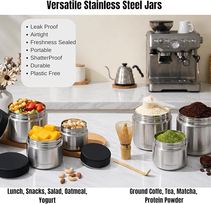 Modaniam Stainless Steel Canister Set with Airtight Lid - Set of 3-8OZ, 16 OZ, 24oz, Coffe, Tea, lunch, Snacks, Metal Containers, Leak Proof Travel Lunch Containers,Kitchen Food Jars