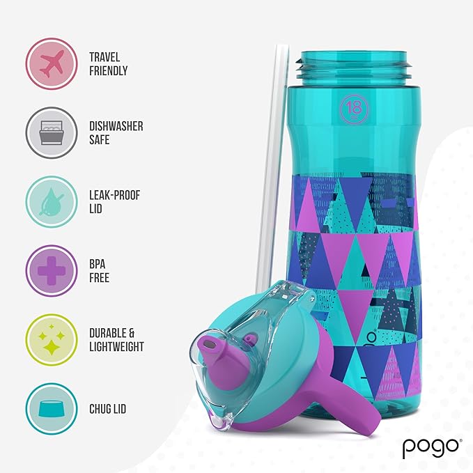 Pogo 18oz Plastic Water Bottle with Straw Lid with Carry Handle, Reusable, BPA Free, Dishwasher Safe, Perfect for Travel, School, Outdoors, and Gym