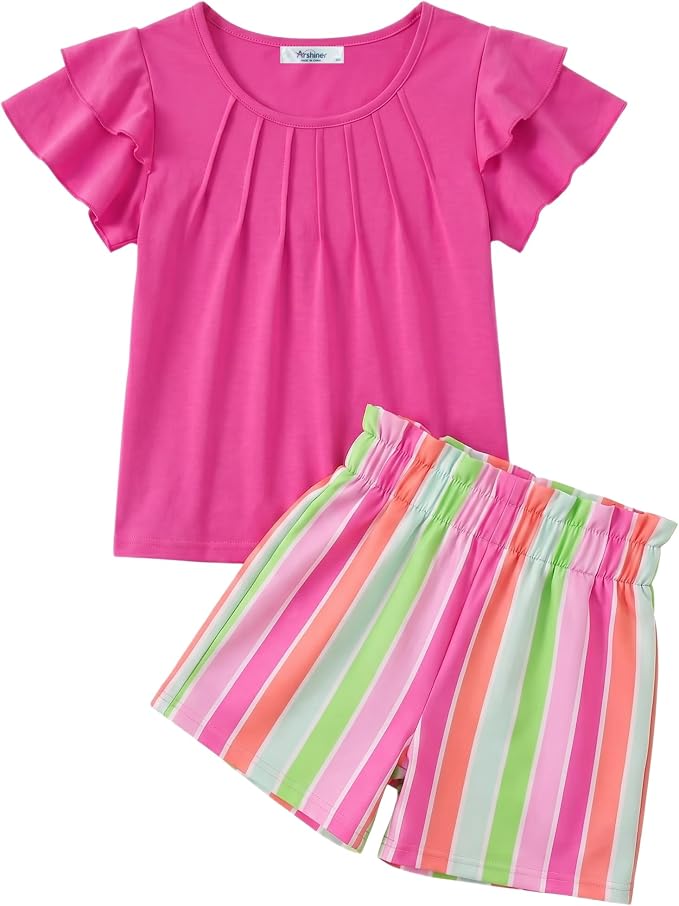 Arshiner Girls 2 Piece Outfits Summer Ruffle Sleeve Top and Paperbag Waist Shorts Set with Pockets Size 5-13 Years