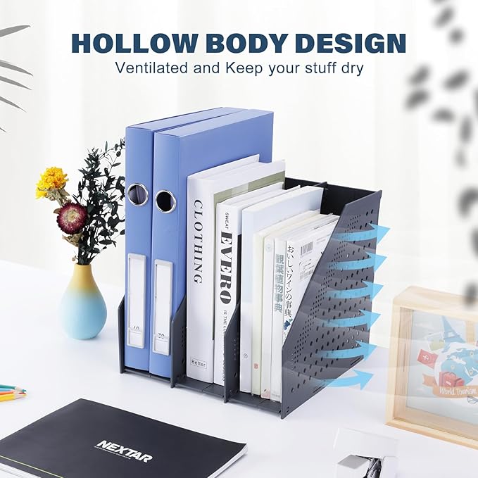 FRETONBA Collapsible Magazine File Holder with 3 Vertical Compartments Foldable Binder Holder for Desk Binder Storage Organizer Plastic Magazine Holders for Shelf, Dark Gray