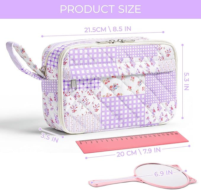 WOBAGMEN Quilted Pencil Pouch for Women, Large Capacity Pencil Case with Compartments, Cute Aesthetic Pencil Organizer, Floral Stationery Pouch（Purple Patchwork）