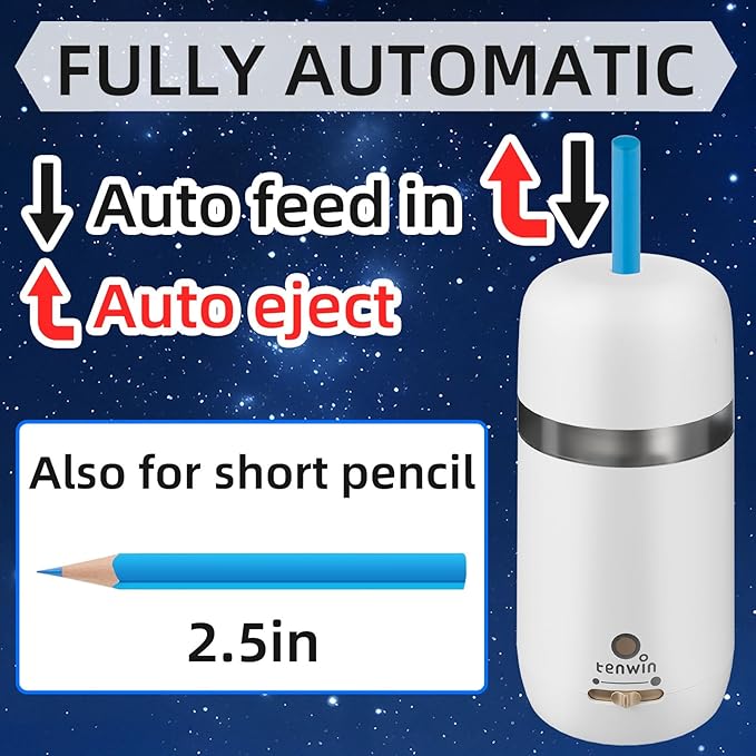 tenwin Fully Automatic Electric Pencil Sharpener for 7-12mm Pencils, Auto in&Eject, 3 Selectable Adjustable Pencil Nibs with Breathing Light (White)