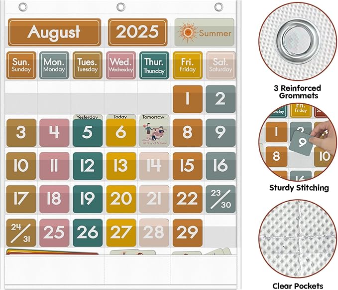 48 Pockets Classroom Calendar for Kids Learning, Pocket Chart Calendar Decor with Special Educational Cards, Teacher and Classroom Must Have Supplies, Boho