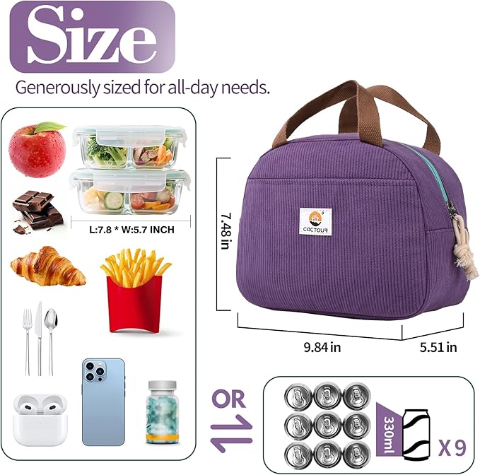 CaCTOUR Lunch Box Lunch Bag for Women Girls Teens, Cute Lunch Box Cooler Bag, Portable Small Insulated LunchBox Reusable Corduroy Lunch Tote for Work/Travel/Picnic/School (Purple)