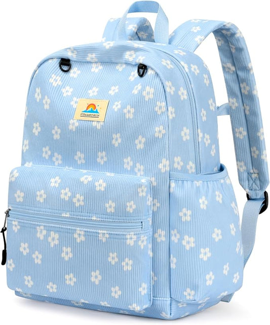 STEAMEDBUN Corduroy Kids Backpack for Girls and Boys 5-8: Girls Backpack for Elementary Kindergarten - 15 inch Cute Backpacks for Kids - Floral