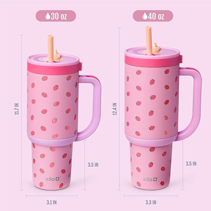 Ello Oasis 40oz Tumbler with Handle & Retracting Straw | Reusable Insulated Stainless Steel Cup 100% Leakproof | Gifts for Teens Women | Keeps Cold for 24 Hours | Cup Holder Friendly | Strawberries