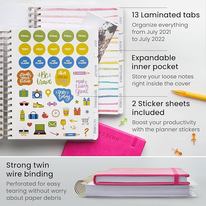 Arteza Academic Planner Bundle, Includes 9 x 7 Inches Planner, 6 x 8 Inches Lined Journal, and 2 Sticker Sheets, Office Supplies and College Essentials for Scheduling and Staying Organized