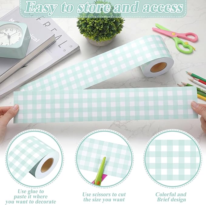 65.6 Ft Green Gingham Bulletin Board Border Die Cut Straight Border Trim Plaid Checkered Classrooms Decor for Whiteboard Wall Desk Window Door Locker Office School Party
