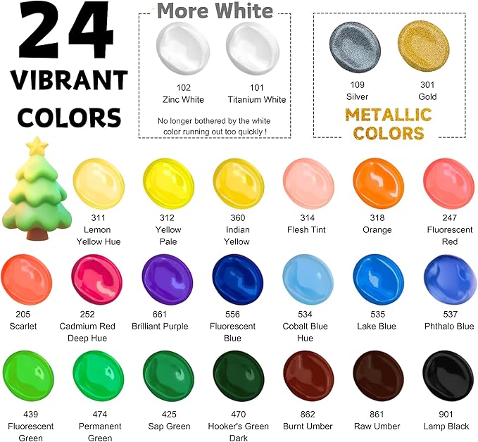HUAL Acrylic Paint Set with 5 Brushes, 24 Colors (60ml, 2oz) for Artists Kids Beginners & Painters,Model/Canvas/Rock/Fabric/Glass/Stone/Ceramic/Wood Painting, Non Toxic