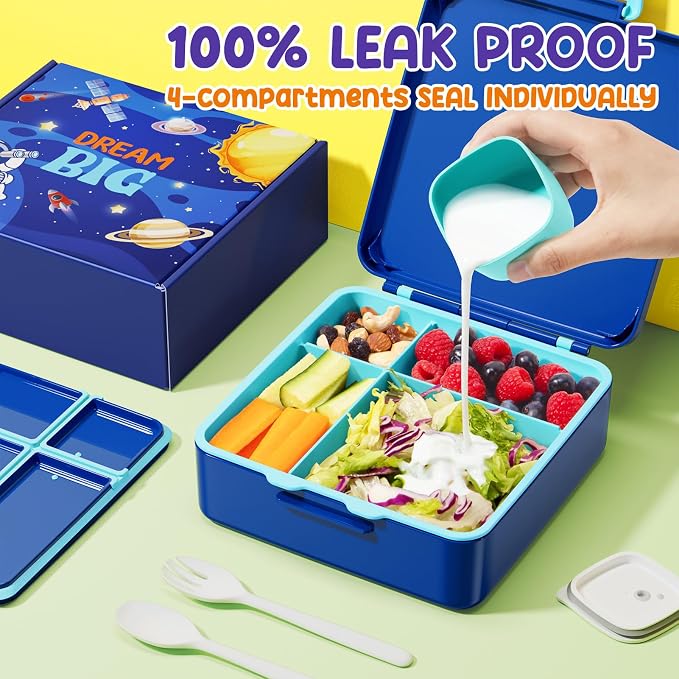 Fimibuke Bento Lunch Box for Kids, Toddler Bento Box with 4 Compartments | Leak Proof BPA Free Dishwasher Safe Lunch Container with Utensils, Ideal Portion Sizes for Ages 3-12 Girls Boys for School