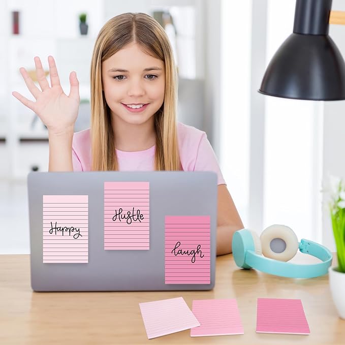 JarThenaAMCS 12Pcs Pink Lined Sticky Notes 6 Colors Gradient Pink Self-Adhesive Notepads Removable Memo Pad for Office School Home Supplies, 4 x 6 Inch
