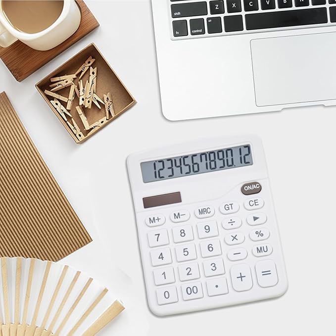 SAYEEC Desk Calculator, 12 Digit Desktop Calculator with Large LCD Display & Sensitive Button, Dual Solar Power & Battery, Standard Office Calculators Basic Function Calculators for Home School, White