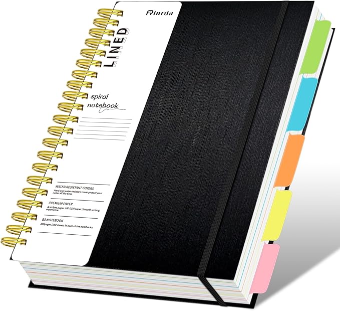 Hardcover Spiral Notebook with removable dividers 300 page,5 Subject Notebook 8"x10" B5 College Ruled Notebooks for Work Note taking，Lined Journal for Women (Black)
