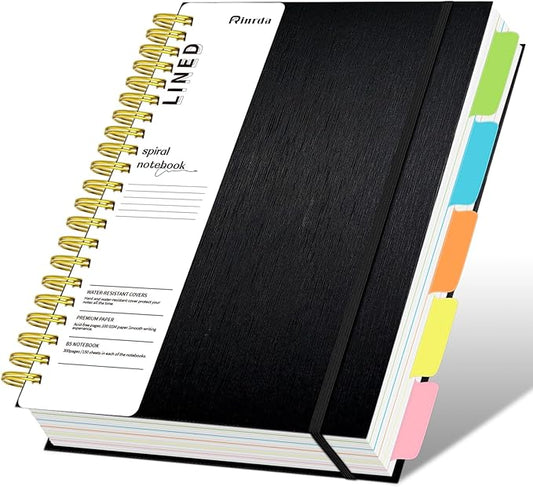 Hardcover Spiral Notebook with removable dividers 300 page,5 Subject Notebook 8"x10" B5 College Ruled Notebooks for Work Note taking，Lined Journal for Women (Black)