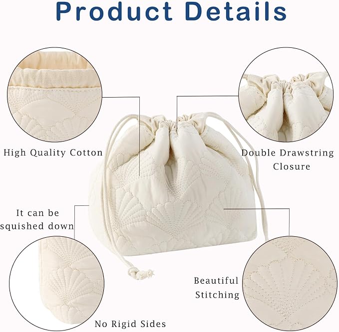 uekeboag Small White Shells Drawstring Quilted Cotton Makeup Bag for Women | Foldable,Lightweitht, Canvas Lining Coquette Quilted Toiletry Bag, Aesthetic Travel Cosmetic Bags