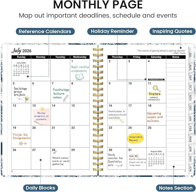 Planner 2026-2027, Academic Monthly and Weekly Calendar Planner for Women, July 2026 - June 2027, Hardcover Pretty Agenda Planner Book with Tabs, Spiral Daily Organizer for School Office Home Supplies, 6.3" x 8.5" - Blue Floral