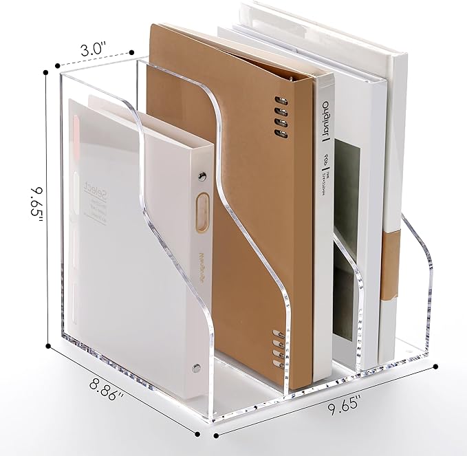 SANRUI Acrylic File Organizer, Clear Magazine File Holder with 3 Vertical Compartments, Desk Organizer for Home School Office Organization, Desk Bookshelf