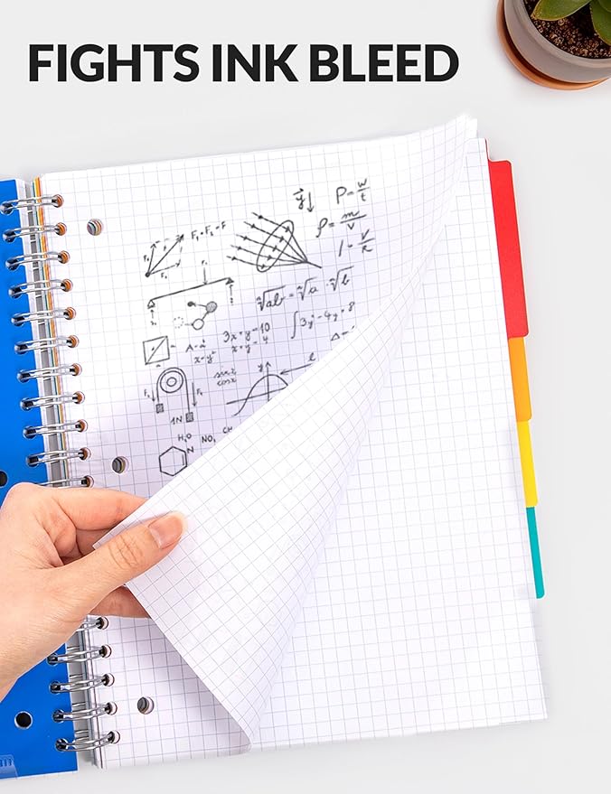 SUNEE Graph Paper Notebook 4x4 Grid Ruled – 300 Pages, 5 Tabbed Pocket Dividers, 8"x10.5", 3 Hole Punched, Durable PP Cover – Spiral Grid Notebook for Engineering, Work, School, Black