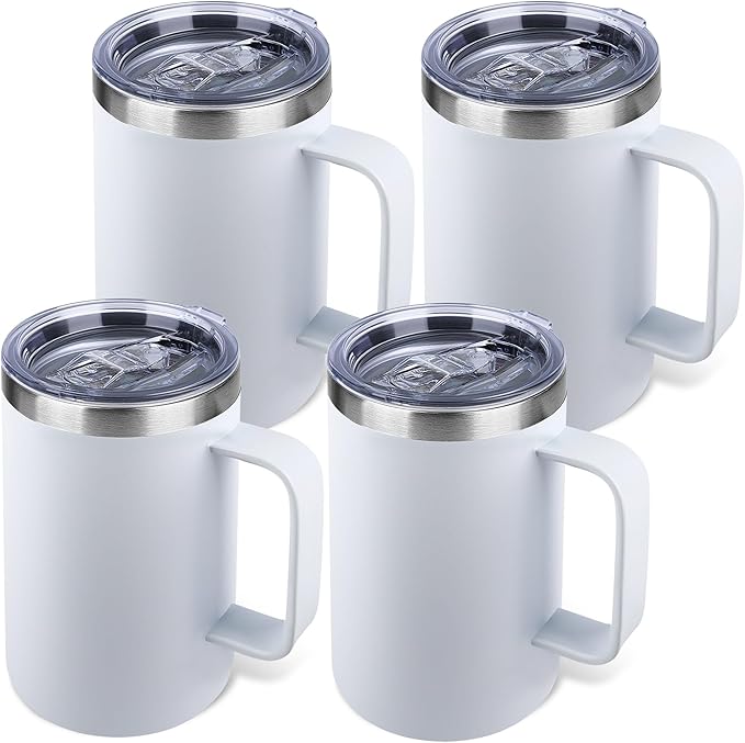 22oz Insulated Coffee Mug with Handle & Leak-Proof Lid - Double Wall Stainless Steel Travel Tumbler Bulk for Commute/Office/Home, White, 4 Pack