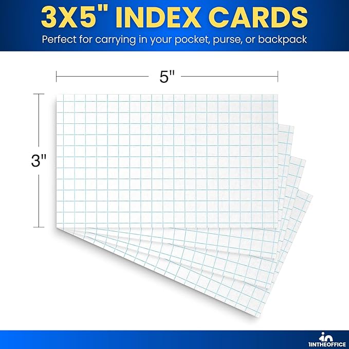 1InTheOffice Graph Ruled Index Cards 3x5, Index Cards Grid Ruled, Lined Notecards 3x5, White, 400 Pack