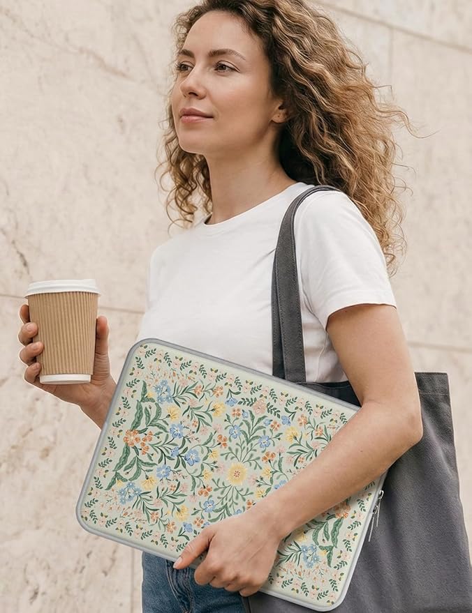 iCasso Laptop Sleeve 13 inch for MacBook Air 13-13.6 inch, Vintage MacBook Neo/Pro 13 inch case, Slim Protective Travel Carrying Case for MacBook Pro 14 inch, Chromebook, HP, Green Boho Floral