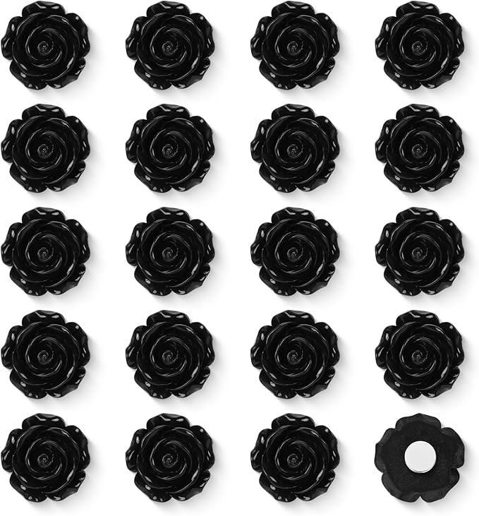 20 Pcs Rose Fridge Magnets, 1.1 Inch Cute Flower Fridge Magnets, 3D Colorful Refrigerator Decorative Magnet for Whiteboard Locker Cabinet (Black-Rose)