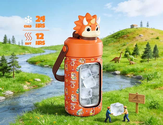 POWCAN 12 oz Kids Water Bottle Insulated: 2-in-1 Straw Spout Lid with Soft Animal Head, BPA-Free, Leakproof, Keep Cold 24H, Backpack Friendly, Stainless Steel Cup for School, Trip, Gift (Sunny Trike)