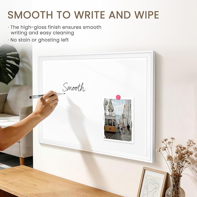 White Board for Wall, 24" x 18" Magnetic Dry Erase Board, Decorative Wooden Frame Large Whiteboard, Wall Mounted, Aesthetic Writing Board for Home, Office, School - White