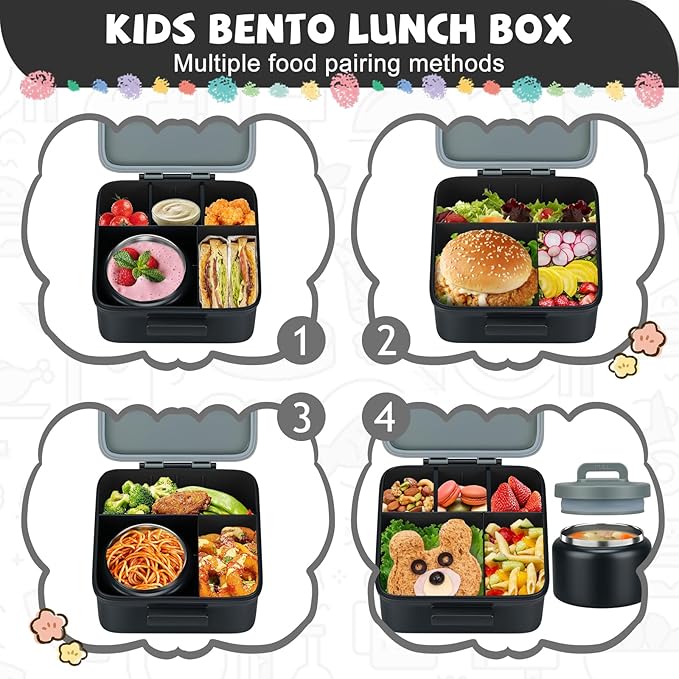 MAISON HUIS Bento Lunch Box with 8oz Soup Thermo, 5-Compartment Leak-Proof Container, Thermo Hot Food Jar and Insulated Lunch Bag, BPA Free,Travel, School (Gray)
