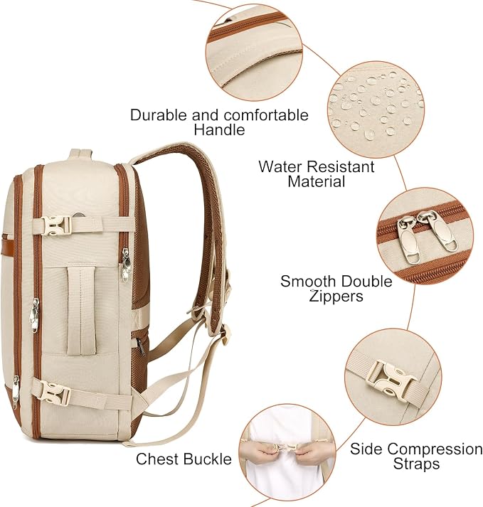 EZUOLA Large Travel Backpack for Women Airline Approved Carry On Backpack with Shoe Pouch,TSA 17.3 inch Laptop Mochila Flight Approved Casual Daypack for Weekender Bookbag Travel Essentials,Beige