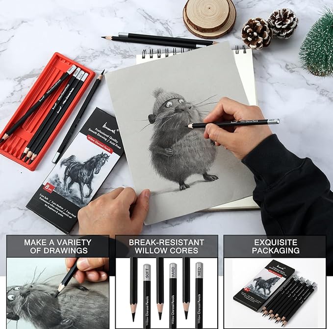 Brusarth Professional Charcoal Pencils Drawing Set - 8 Pieces Soft Medium and Hard Willow Charcoal Pencils for Drawing, Sketching, Shading