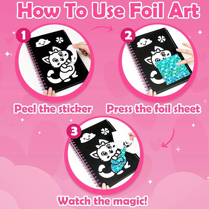FUNNYB&G Foil Art Craft Kit for Girls 4-10 Years Old: Mess-Free & No-Glue, Create 16 Sparkly Cute Little Cat Pictures – Perfect Travel Toy & Birthday Gift for Kids (Little Cat)