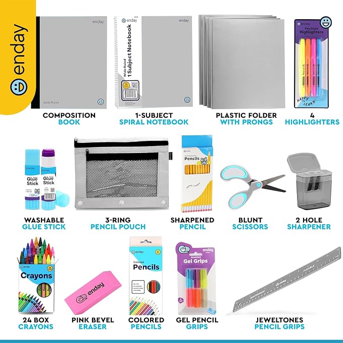 Enday Back to School Supplies for Kids, Grey School Supply Box Grades K-5, Premium Quality Kids School Supplies Kit, Kindergarten School Supplies for Girls and Boys, 78 Piece Set
