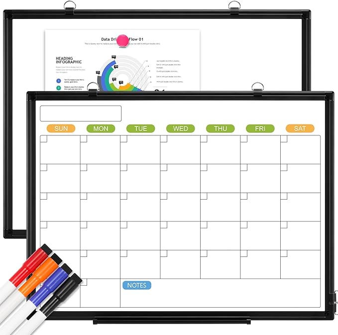 Dry Erase Calendar Whiteboard for Wall, 24" x 18" Magnetic Monthly White Board Calendar with Black Aluminum Frame, Double-Sided Hanging Dry Erase Board for Office, Home, School