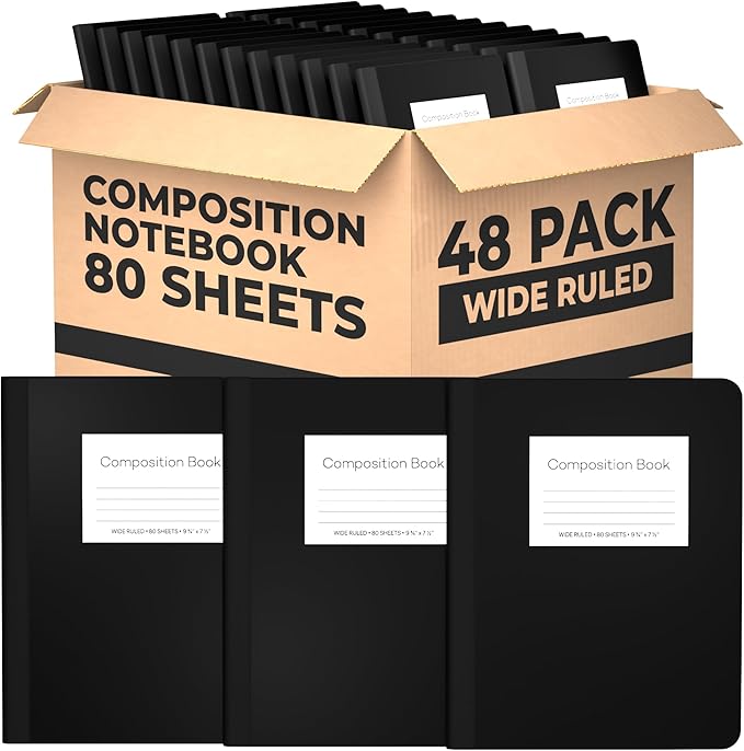 E-CLIPS USA Composition Notebook Wide Ruled Composition Notebooks Bulk Wide Ruled Notebook Paper Note Books For Schools Composition Books 80 Sheets 160 Pages 9.75” x 7.5” (48 Pack)