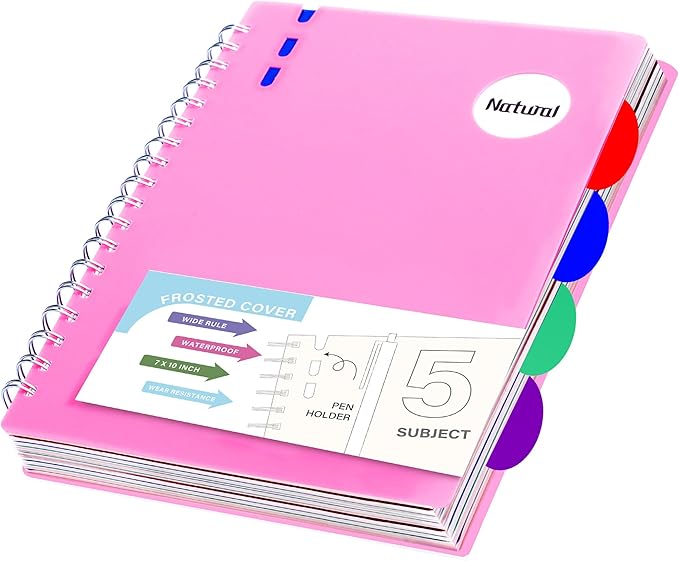 FLYING EAGLE Hardcover Spiral Notebooks 7" X 10" Note Taking 5 Subject Notebook Wide Ruled with Dividers, 204 Pages Lined Spiral Journal Notebook for Work Writing, Pink B5