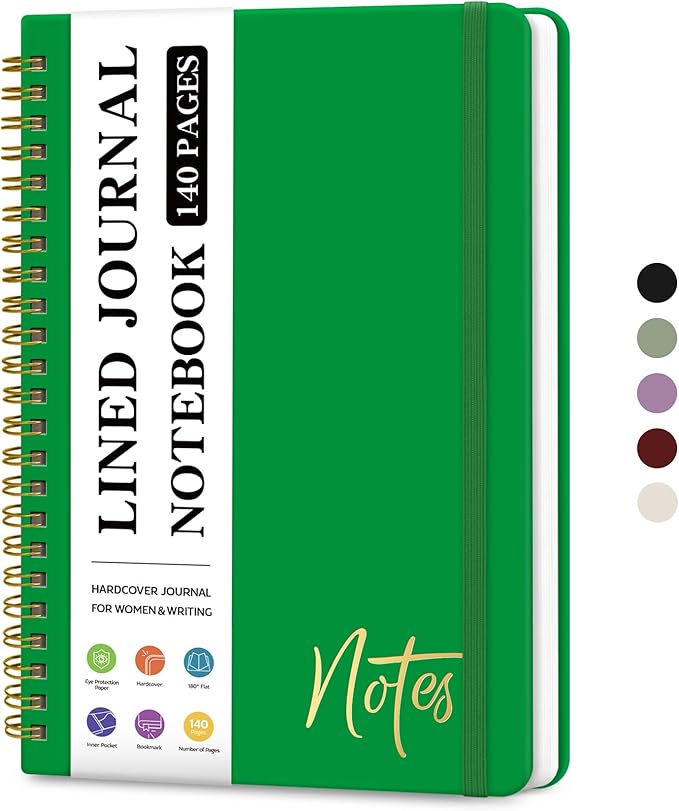 ZOTIA Lined Spiral Journal Notebook for Women, A5 College Ruled Journals for Writing, Hardcover Notebooks for Work, Note taking and Office School Supplies,140 Pages - Racing Green