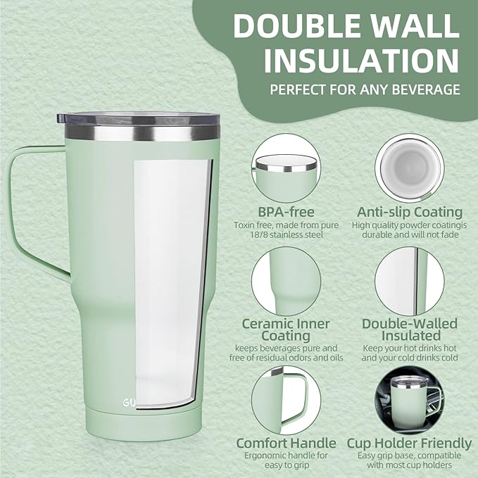 20 oz Insulated Coffee Mug with Ceramic Coating, Stainless Steel Travel Mug Tumbler with Handle Lid and Straw, Double Wall Leak-Proof Coffee Travel Mug Keeps Drink Hot and Cold (Matcha)