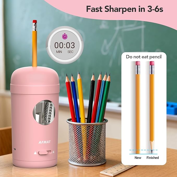 AFMAT Electric Pencil Sharpener, Fully Automatic Pencil Sharpener for 7-8mm Pencils & Colored Pencils, Auto in & Out, Rechargeable Vertical Hands-Free Sharpeners for Classroom/Home/Office PSX7(Pink)