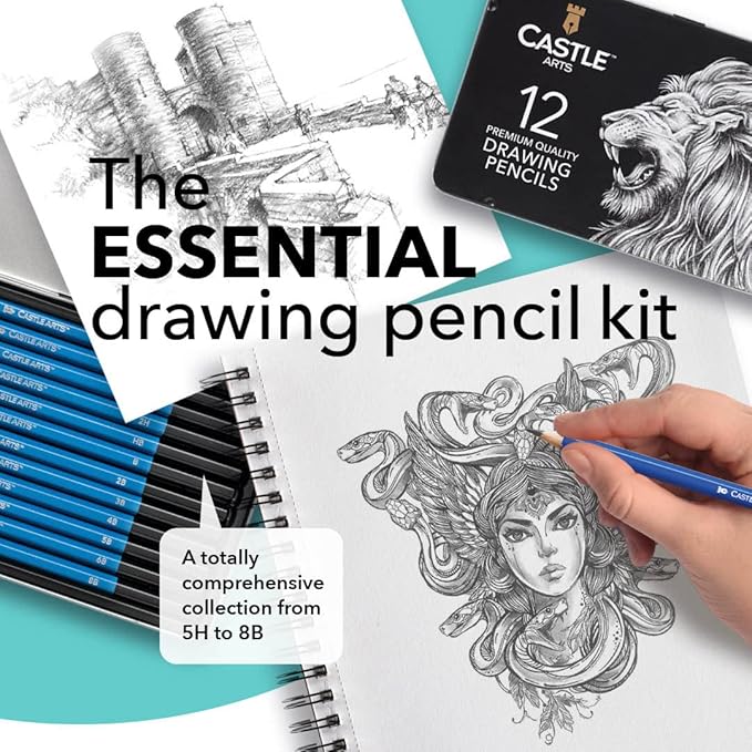 Castle Art Supplies 12 Piece Graphite Drawing Pencils Kit | for Adult Artists – Beginners and Advanced | Presented in Attractive, Compact, Sturdy Metal Case with Tutorial