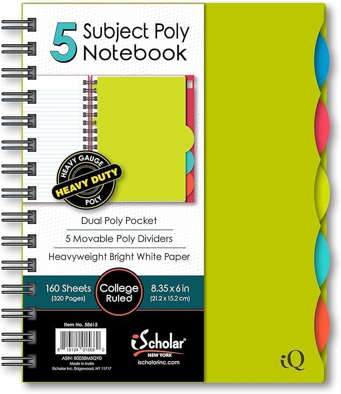 iScholar 5 Subject Poly Cover Double Wire Notebook, 8.35 x 6 Inches, Cover Color May Vary (58615)160 Sheets , Assorted